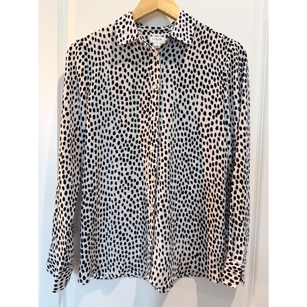 J.Crew Womens XS Black White Animal Spot Print Button Down Blouse Long Sleeve